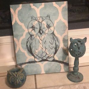 Teal owl painting and two teal owl candle holders.